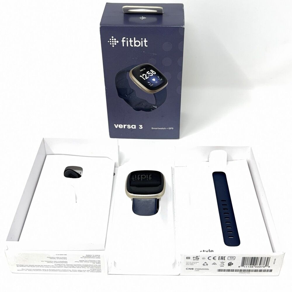 Fitbit Versa 3 GPS Smartwatch Fitness Tracker Soft Gold Midnight Blue With Box